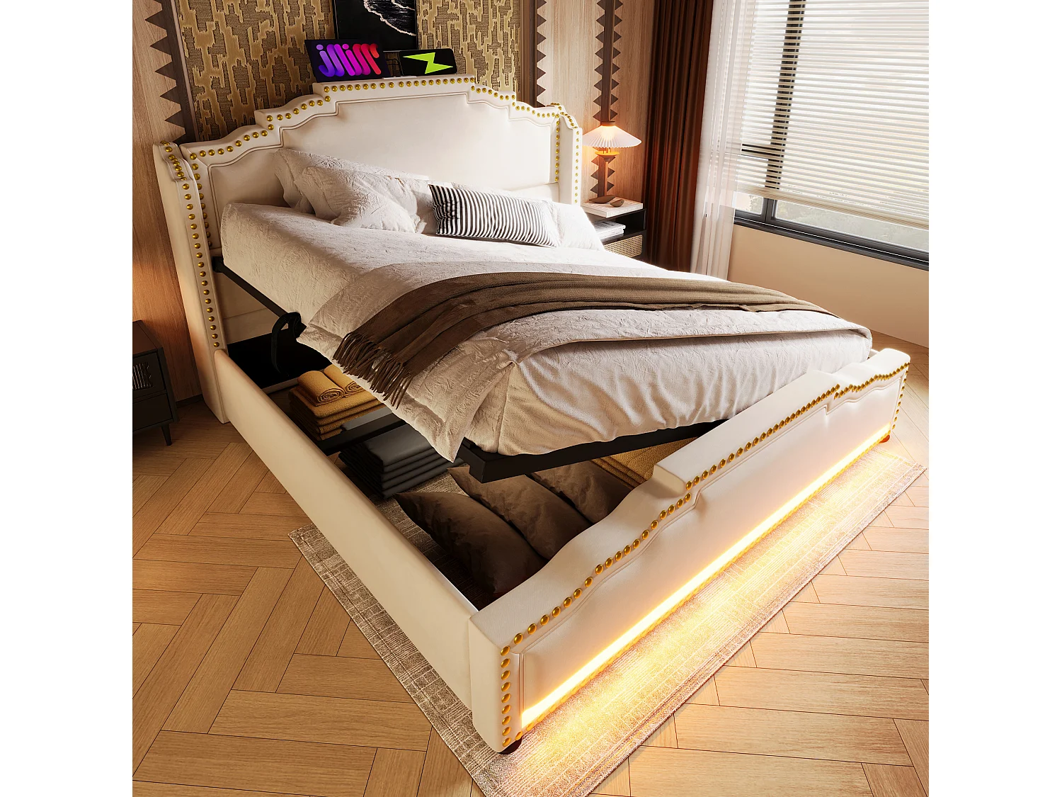 Opbergbed 160x200 cm met hydraulische opbergruimte, met LED en USB Type-C-poorten, fluweel, beige (zonder matras)