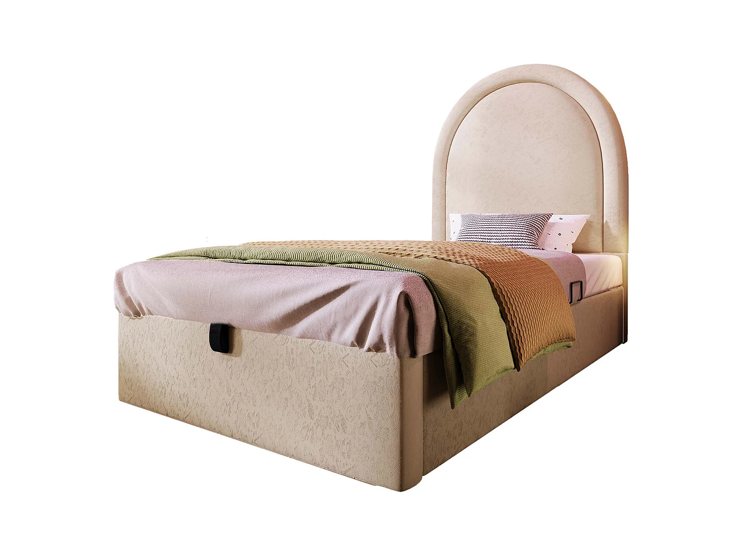 Lit coffre 90x200 cm avec sommier à lattes en bois - têtes de lit rembourrées - velours - beige (sans matelas)