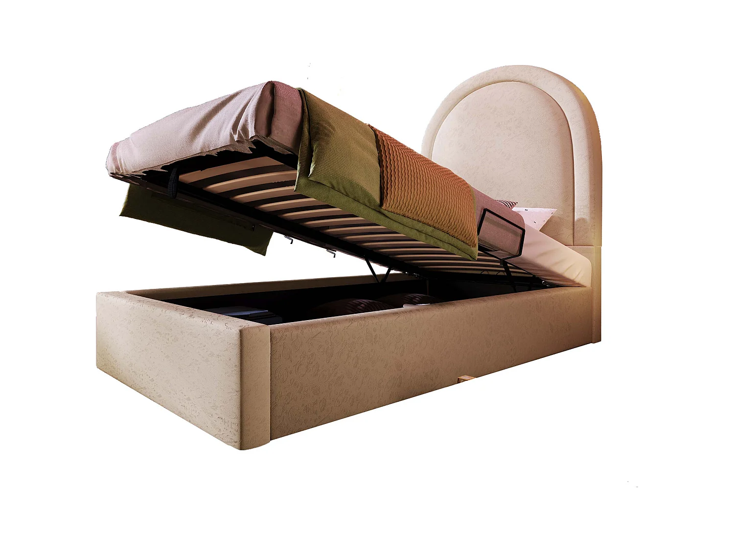 Lit coffre 90x200 cm avec sommier à lattes en bois - têtes de lit rembourrées - velours - beige (sans matelas)