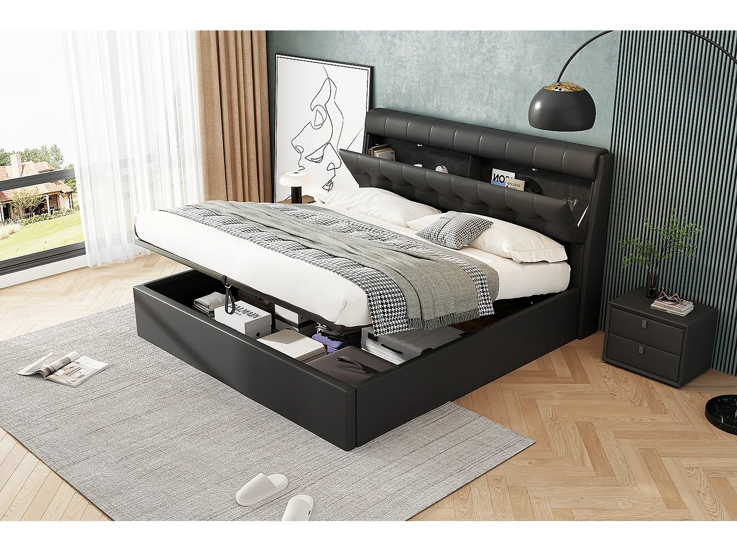 Lit coffre 180x200 cm avec sommier à lattes - tête de lit avec rangement - similicuir - noir (sans matelas)