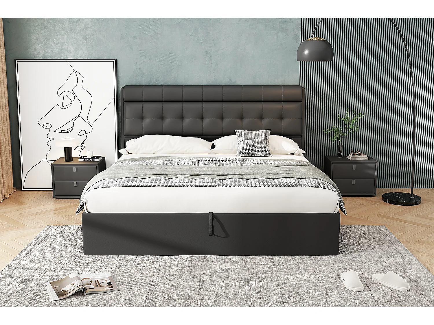 Lit coffre 180x200 cm avec sommier à lattes - tête de lit avec rangement - similicuir - noir (sans matelas)