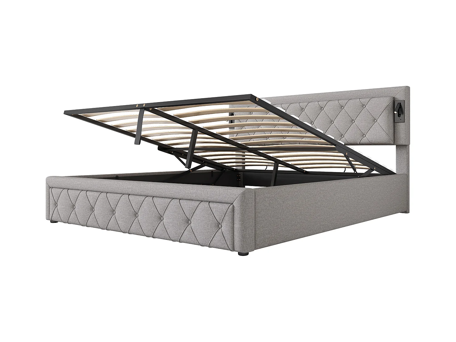 Lit coffre adulte 180x200 cm avec avec sommier - tête de lit capitonnée avec USB et downlight - lin - gris (sans matelas)