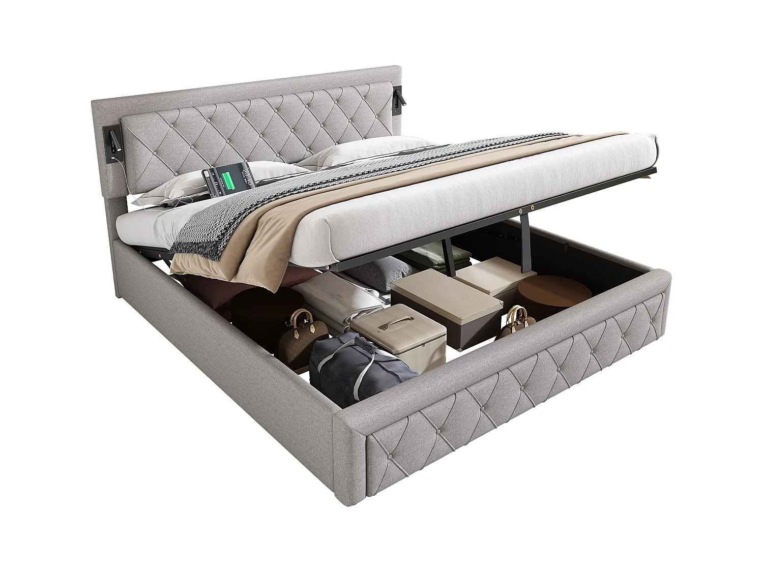 Lit coffre adulte 180x200 cm avec avec sommier - tête de lit capitonnée avec USB et downlight - lin - gris (sans matelas)