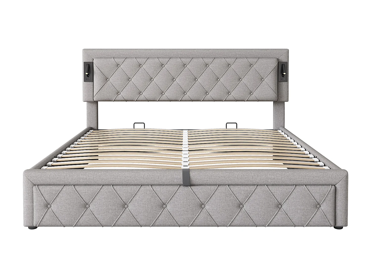 Lit coffre 180x200 cm avec avec sommier - tête de lit capitonnée avec USB et downlight - lin - gris (sans matelas)