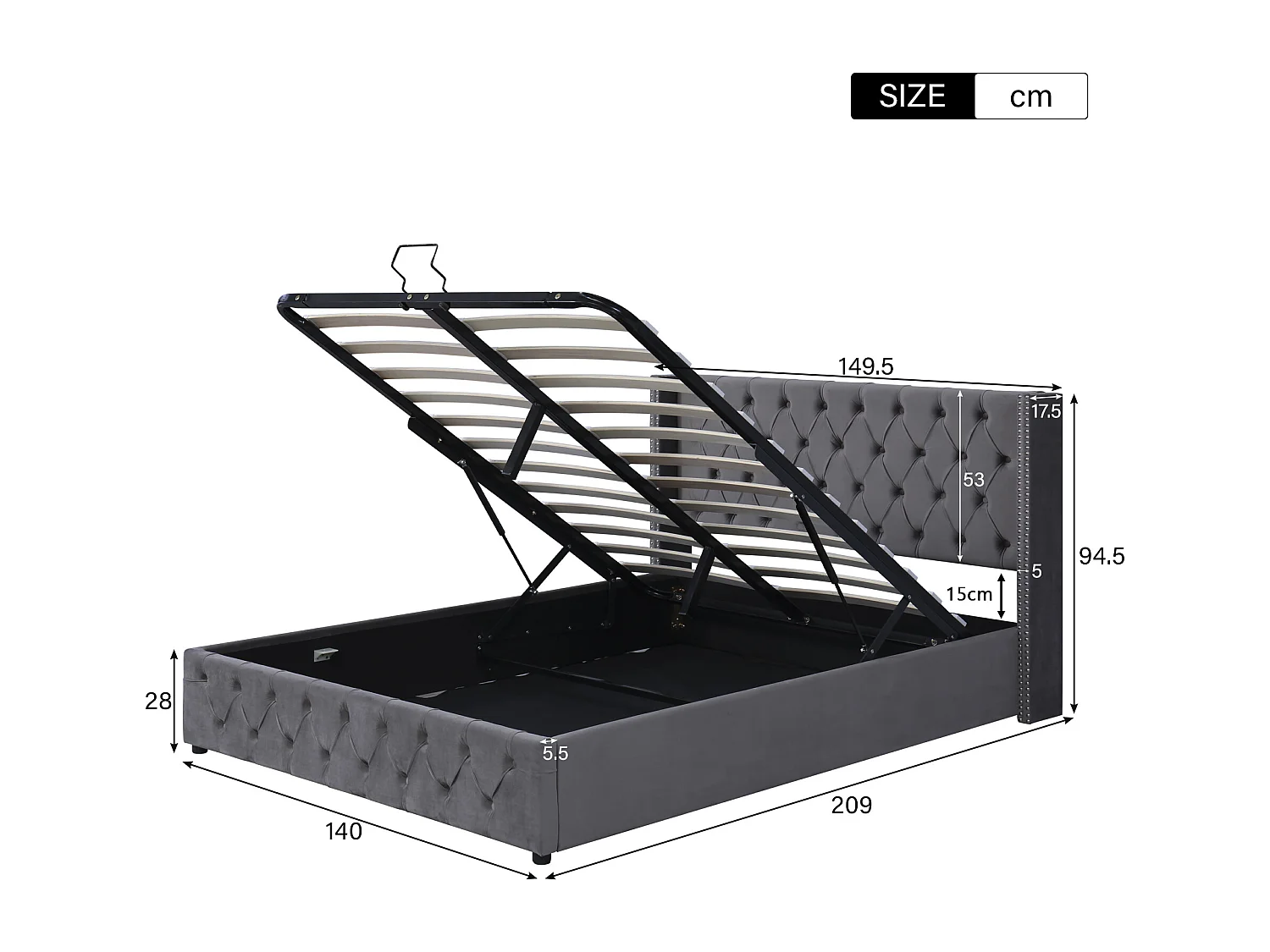 Volwassen opbergbed 140x200 cm met bedbodem - gewatteerd hoofdeinde - fluweel - grijs (zonder matras)