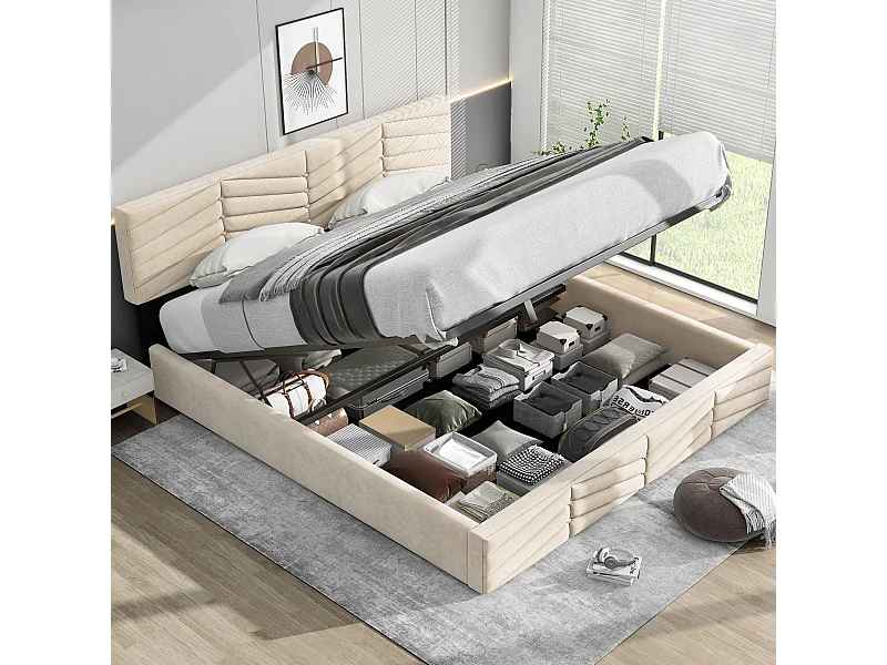 Volwassen opbergbed 180x200 cm met onderstel - in hoogte verstelbaar hoofdeinde - metaal + hout - beige fluweel (zonder matras)