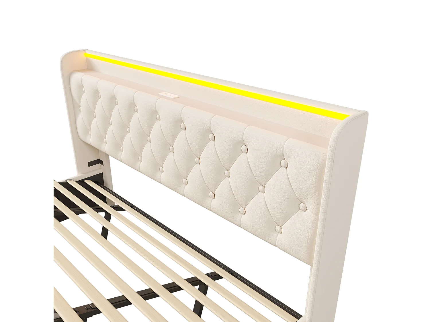 Lit coffre 180x200 cm avec sommier - tête de lit avec USB et LED - similicuir blanc (sans matelas)