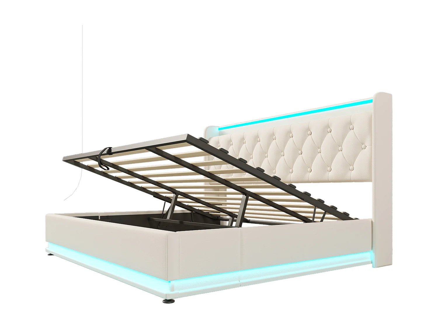 Lit coffre 180x200 cm avec sommier - tête de lit avec USB et LED - similicuir blanc (sans matelas)