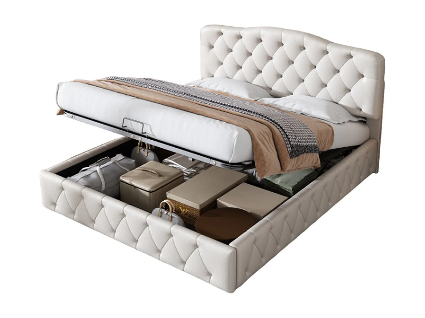 Lit coffre 140x200cm - lit 2 place avec sommier et tête de lit réglable - PU - blanc (sans matelas)