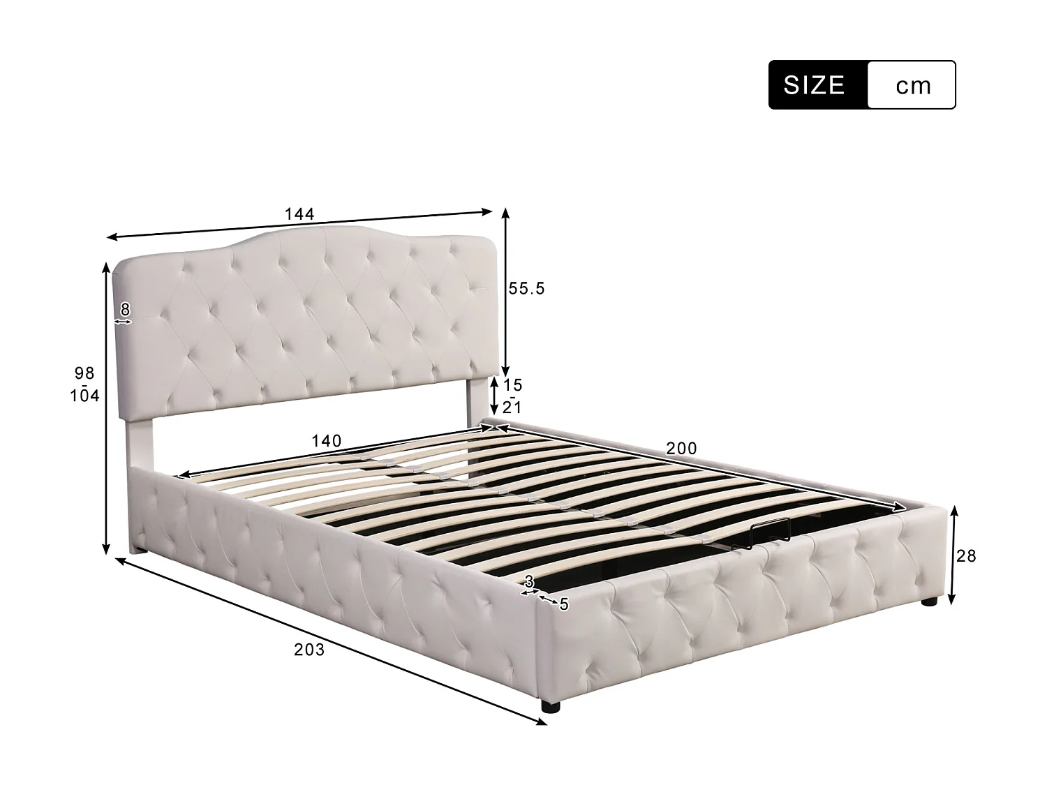 Lit coffre 140x200cm - lit 2 place avec sommier et tête de lit réglable - PU - blanc (sans matelas)