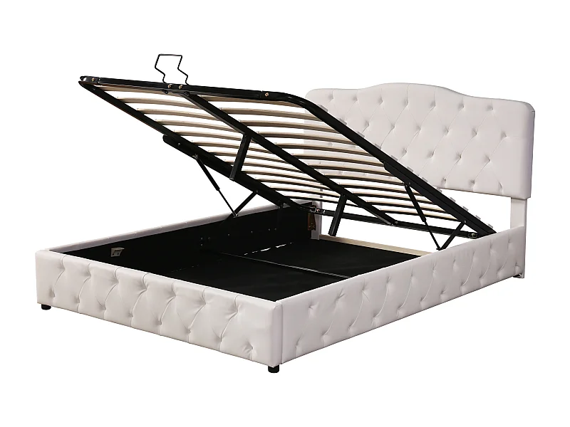 Lit coffre 140x200 cm avec tête de lit réglable rangement hydraulique, PU, blanc (Sans matelas)