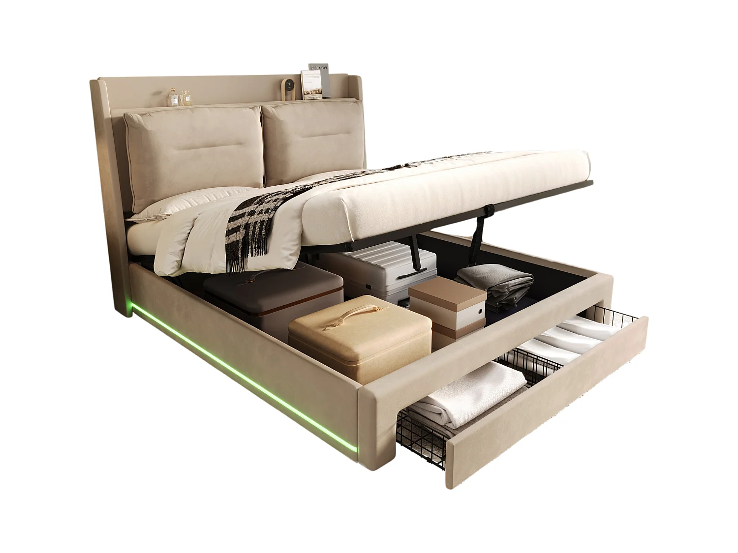 Letto contenitore per adulti 180x200 cm con base - testiera imbottita con cassetti 2 in 1 e LED - velluto beige (senza materasso)