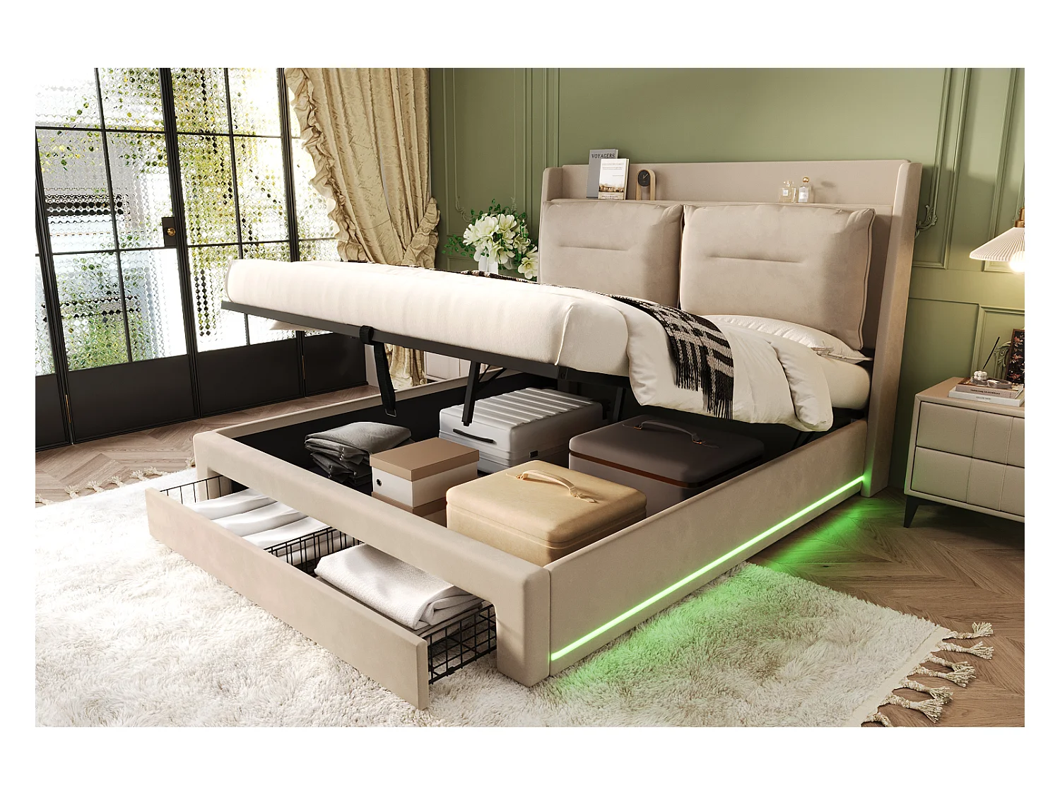 Letto contenitore per adulti 180x200 cm con base - testiera imbottita con cassetti 2 in 1 e LED - velluto beige (senza materasso)