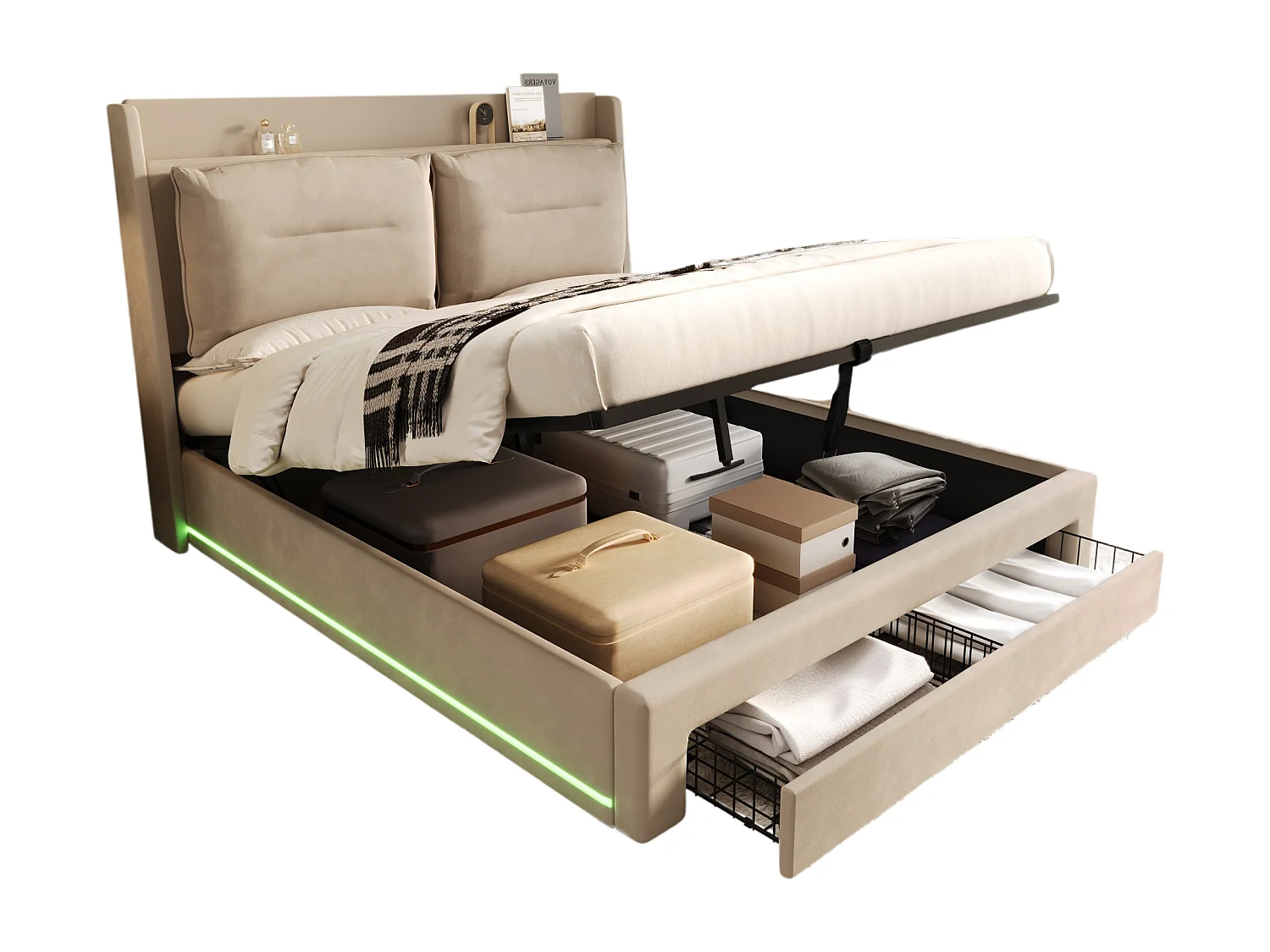Lit coffre 180x200 cm avec sommier - tête de lit capitonnée avec tiroirs 2 en 1 et LED - velours beige (sans matelas)
