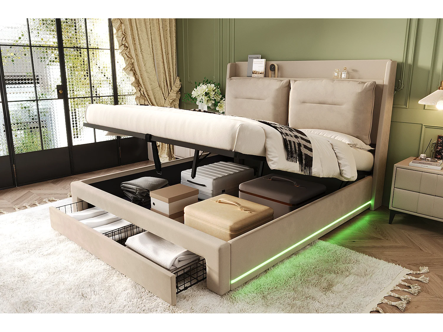 Lit coffre 180x200 cm avec sommier - tête de lit capitonnée avec tiroirs 2 en 1 et LED - velours beige (sans matelas)