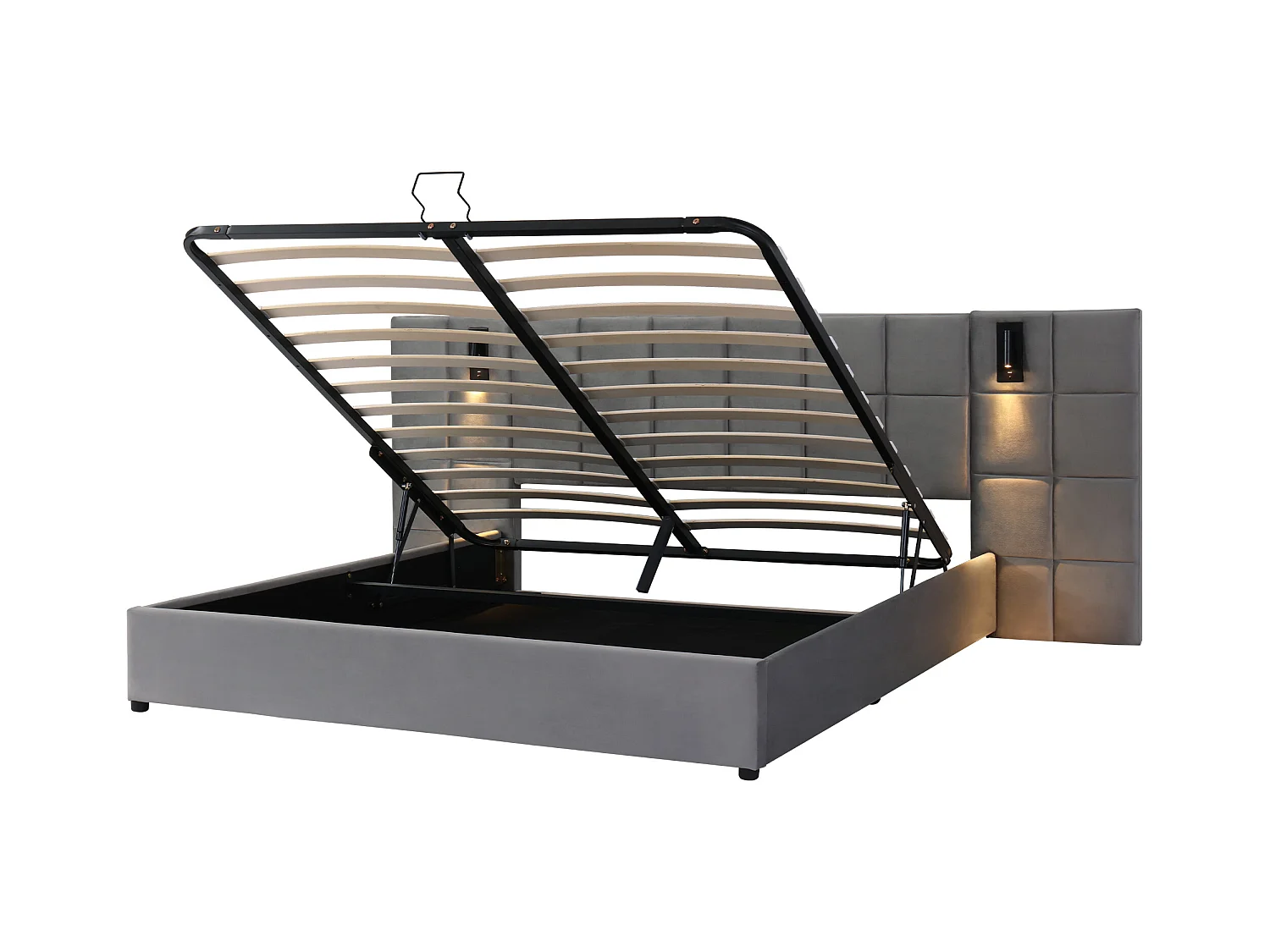 Volwassen opbergbed 180x200 cm met onderstel - groot hoofdeinde met richtingslicht en USB - fluweel - grijs (zonder matras)
