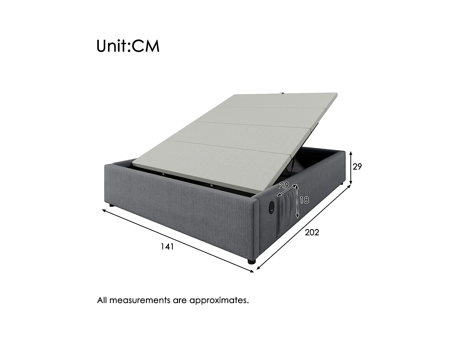 Lit coffre 140x200 cm sans tête de lit - avec USB et rangement latéral - lin gris (sans matelas)