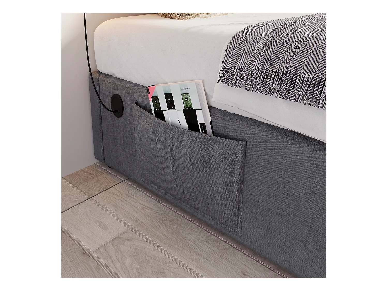 Lit coffre 140x200 cm sans tête de lit - avec USB et rangement latéral - lin gris (sans matelas)