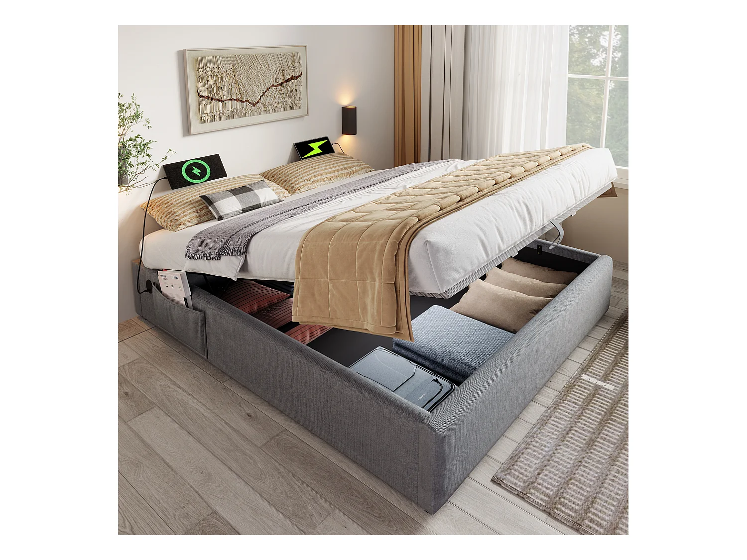 Lit coffre adulte 140x200 cm sans tête de lit - avec USB et rangement latéral - lin gris (sans matelas)