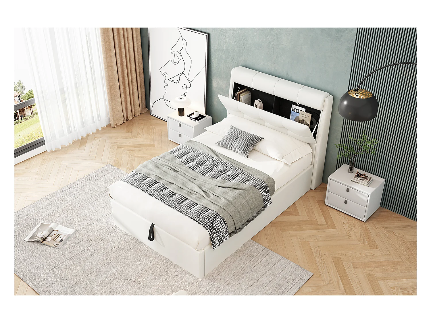 Lit enfant coffre 90x200 cm avec sommier à lattes - tête de lit avec rangement - similicuir - blanc (sans matelas)