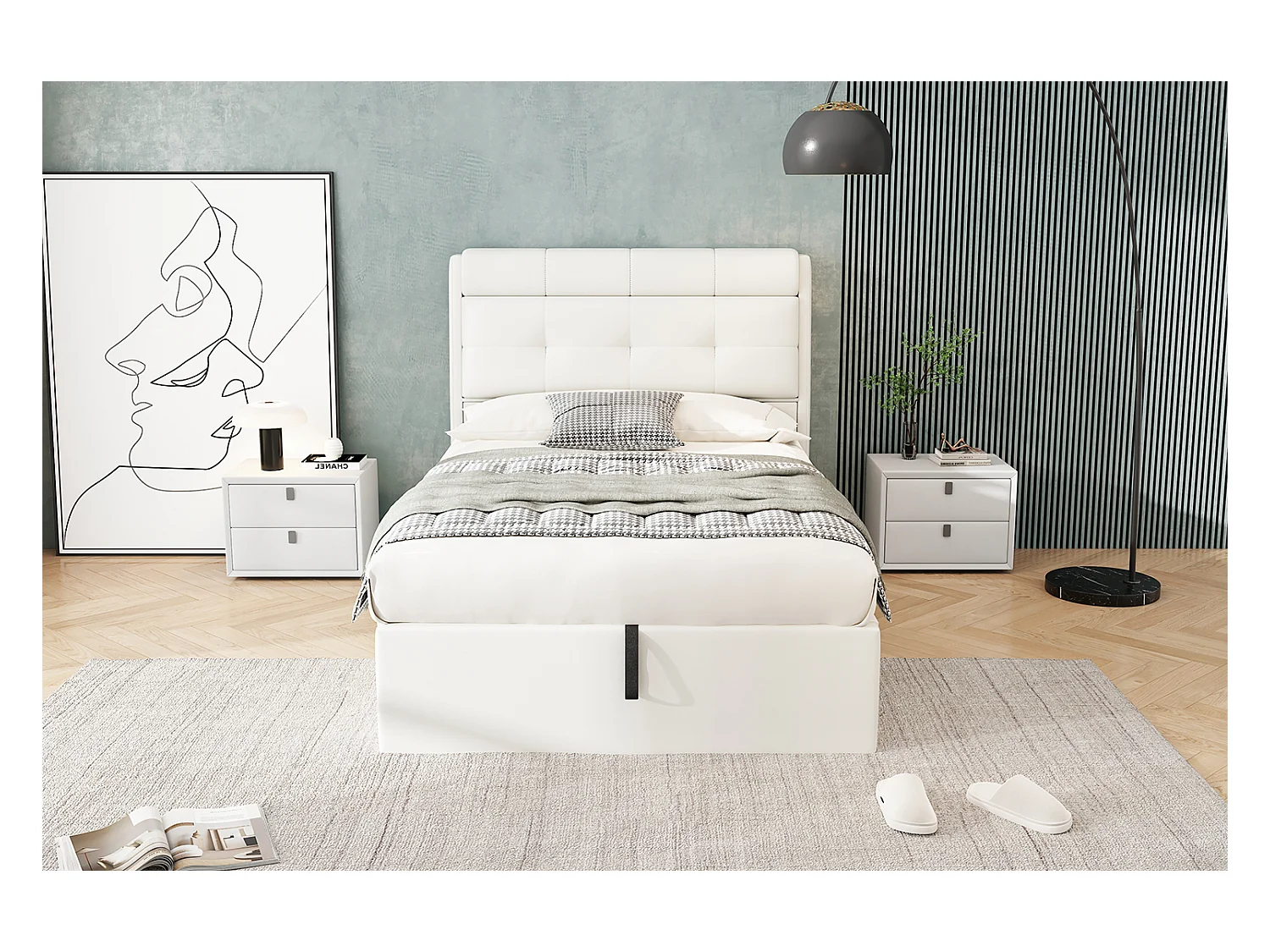 Lit enfant coffre 90x200 cm avec sommier à lattes - tête de lit avec rangement - similicuir - blanc (sans matelas)