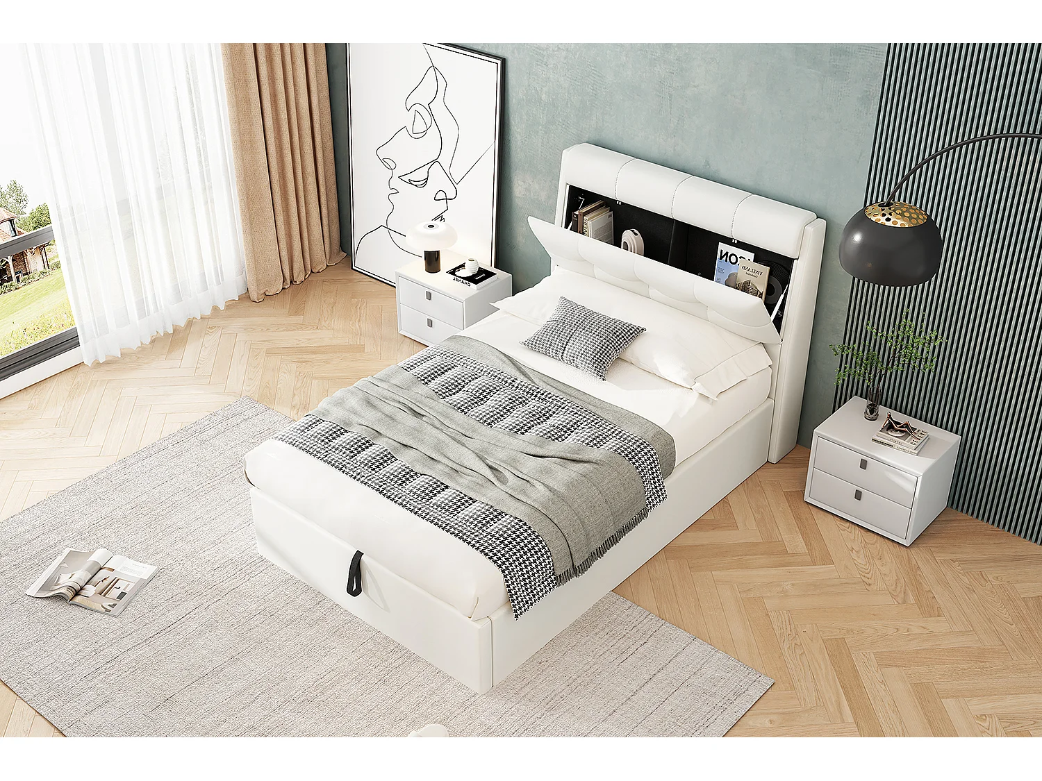 Lit enfant 90x200 cm avec sommier à lattes - tête de lit avec rangement - similicuir - blanc (sans matelas)