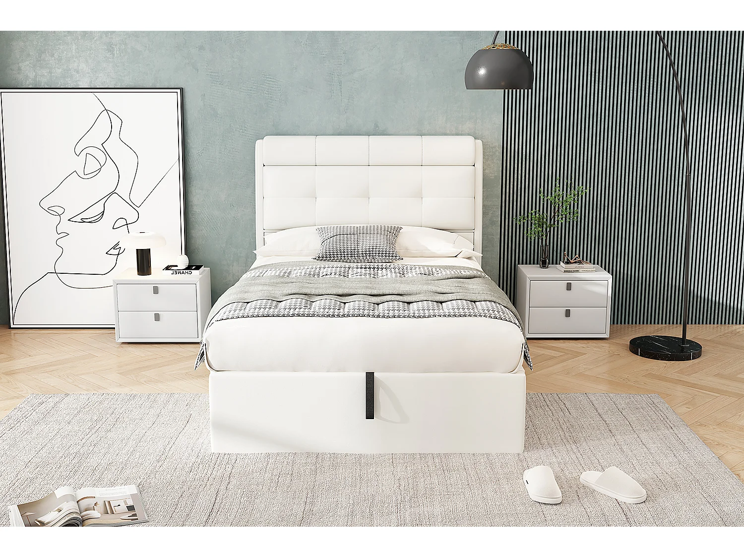 Lit enfant 90x200 cm avec sommier à lattes - tête de lit avec rangement - similicuir - blanc (sans matelas)