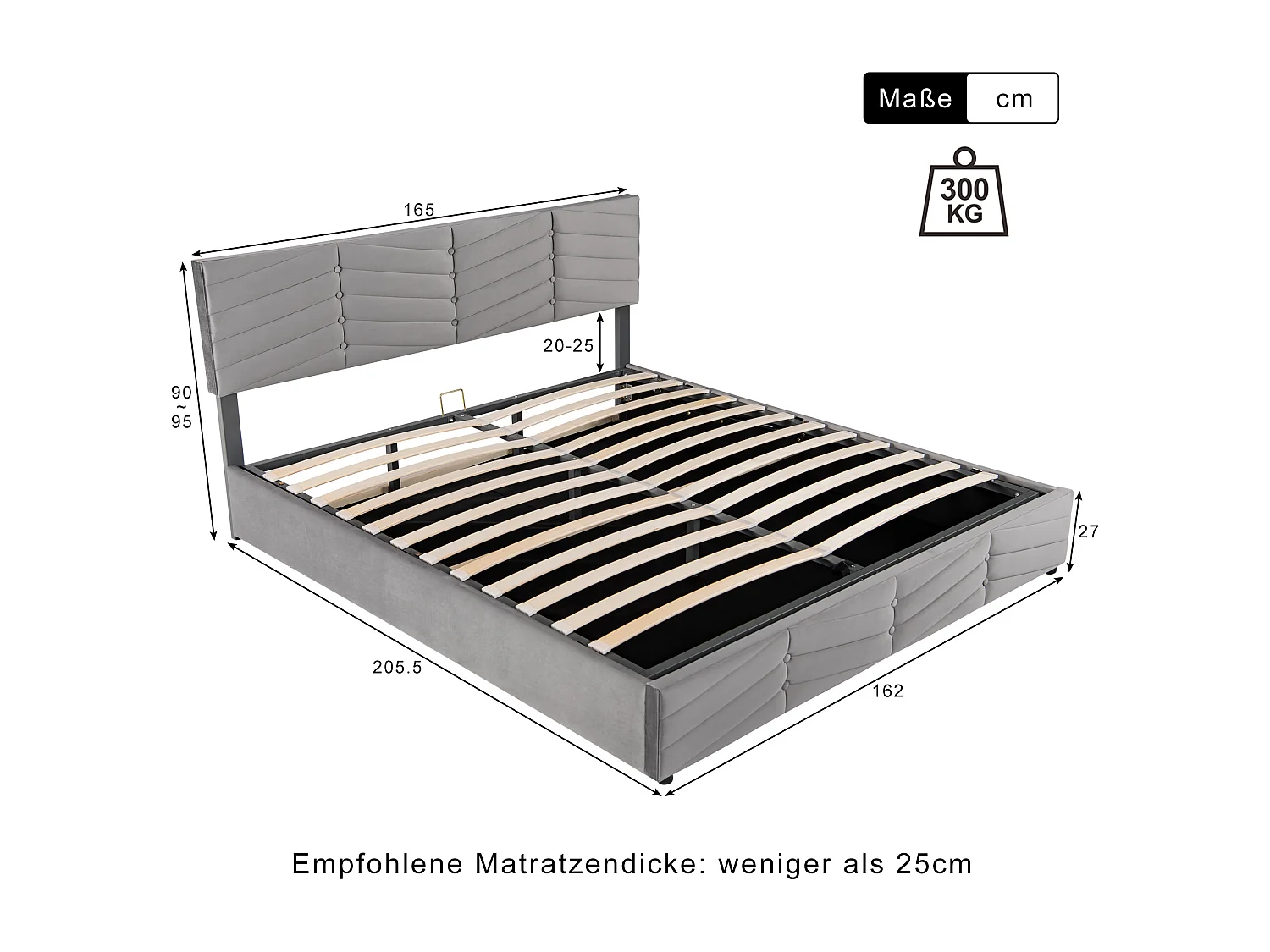 Volwassen opbergbed 160x200 cm met onderstel - in hoogte verstelbaar hoofdeinde - metaal + hout - grijs fluweel (zonder matras)