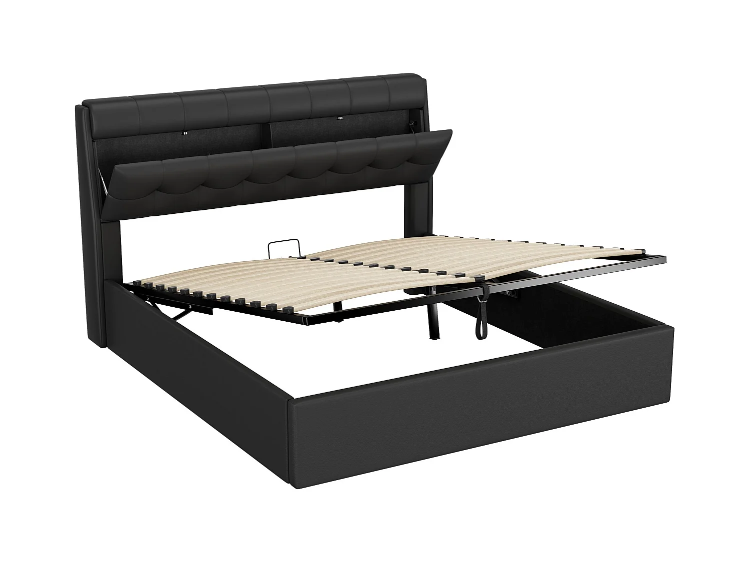 Lit coffre 160x200 cm avec sommier à lattes - tête de lit avec rangement - similicuir - noir (sans matelas)