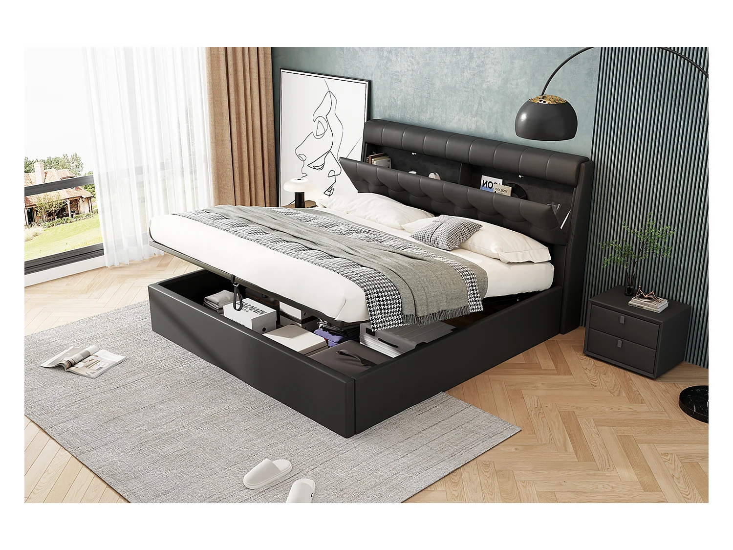 Lit coffre 160x200 cm avec sommier à lattes - tête de lit avec rangement - similicuir - noir (sans matelas)