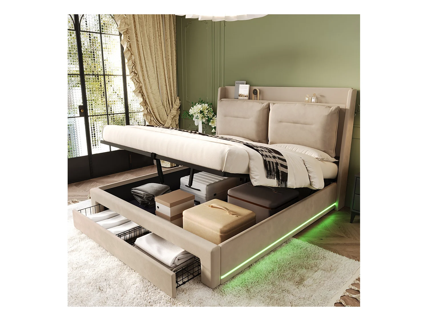 Lit coffre adulte 160x200 cm avec sommier - tête de lit capitonnée avec tiroirs 2 en 1 et LED - velours beige (sans matelas)