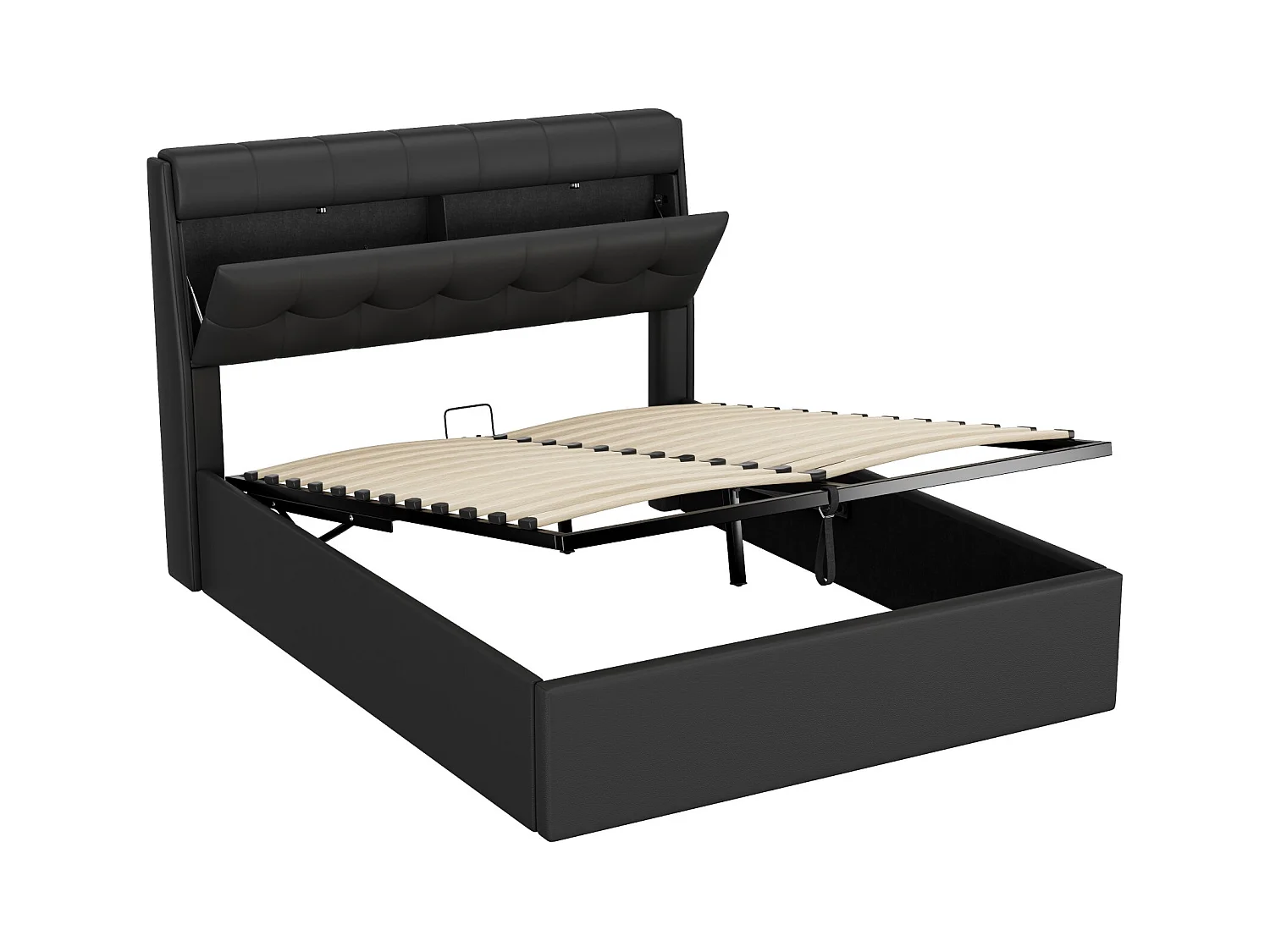 Lit coffre adulte 140x200 cm avec sommier à lattes - tête de lit avec rangement - similicuir - noir (sans matelas)