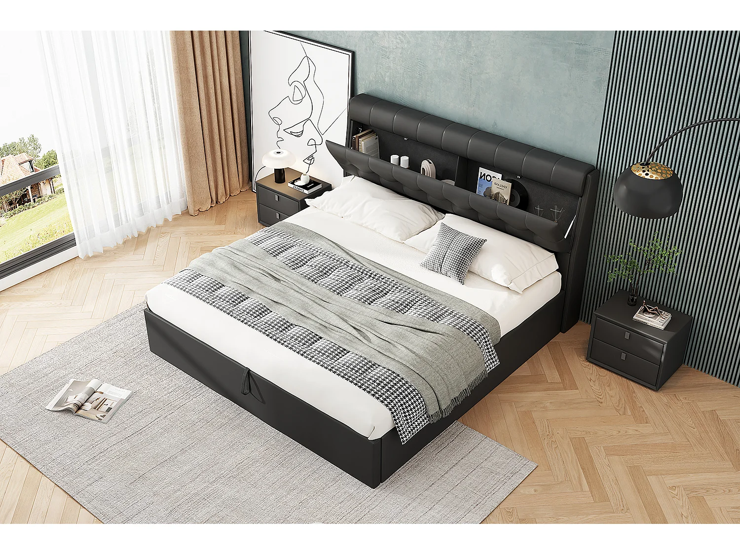 Lit coffre adulte 140x200 cm avec sommier à lattes - tête de lit avec rangement - similicuir - noir (sans matelas)