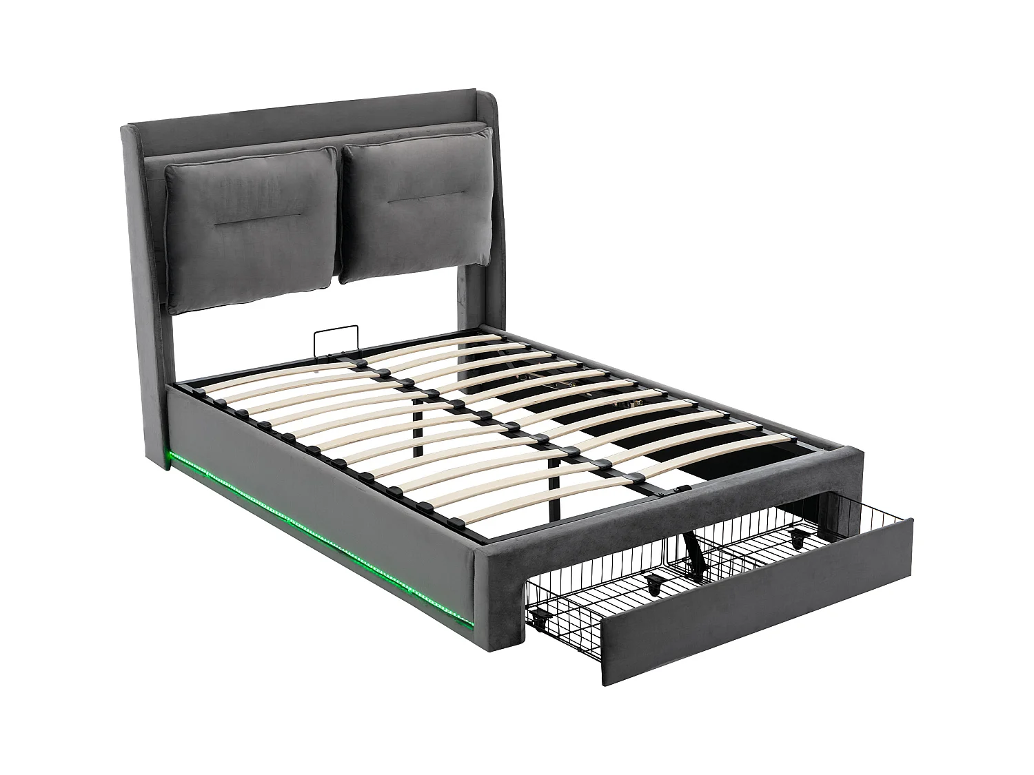 Lit coffre adulte 140x200 cm avec sommier - tête de lit capitonnée avec tiroirs 2 en 1 et LED - velours gris (sans matelas)