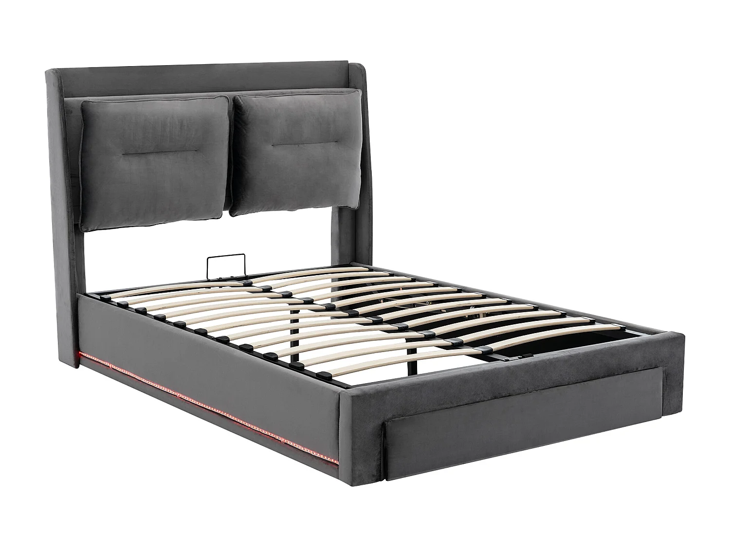 Lit coffre 140x200 cm avec sommier - tête de lit capitonnée avec tiroirs 2 en 1 et LED - velours gris (sans matelas)