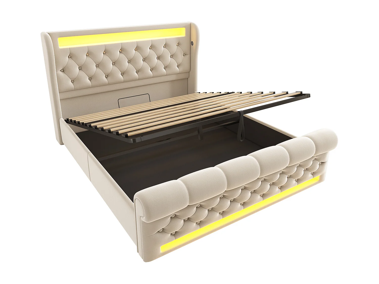 Lit adulte 140x200cm avec sommier - tête de lit capitonnée avec USB et type-c - velours beige (sans matelas)