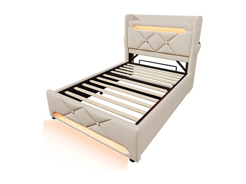 Eenpersoonsbed kinderbed 90x200cm met lattenbodem - opberghoofdeinde met USB en LED - beige linnen (zonder matras)