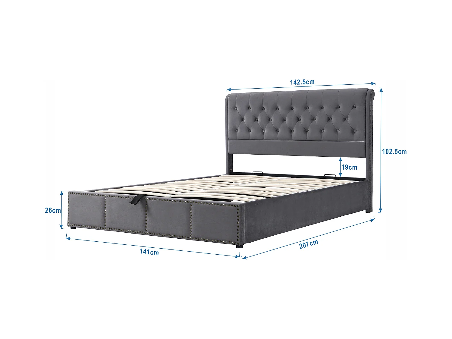 Lit coffre adulte 140x200 cm avec sommier à lattes - tête de lit capitonnée en velours - gris (sans matelas)