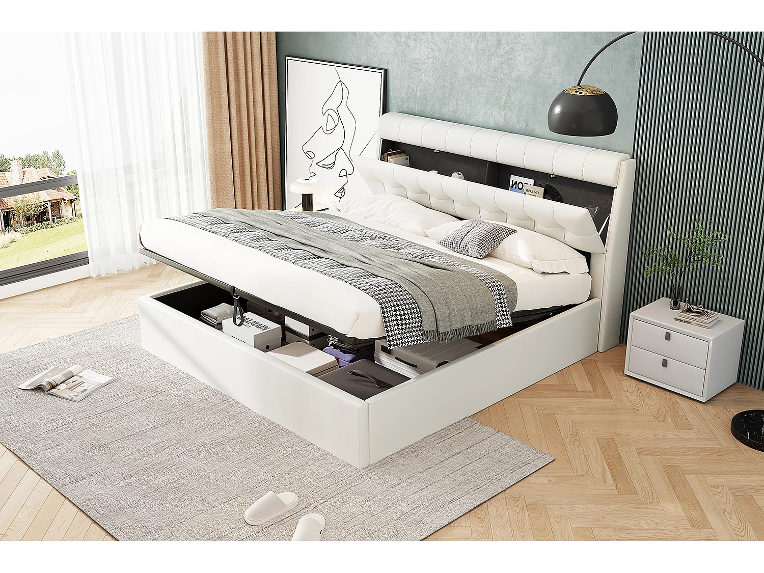 Lit coffre 180x200 cm avec sommier à lattes - tête de lit avec rangement - similicuir - blanc (sans matelas)