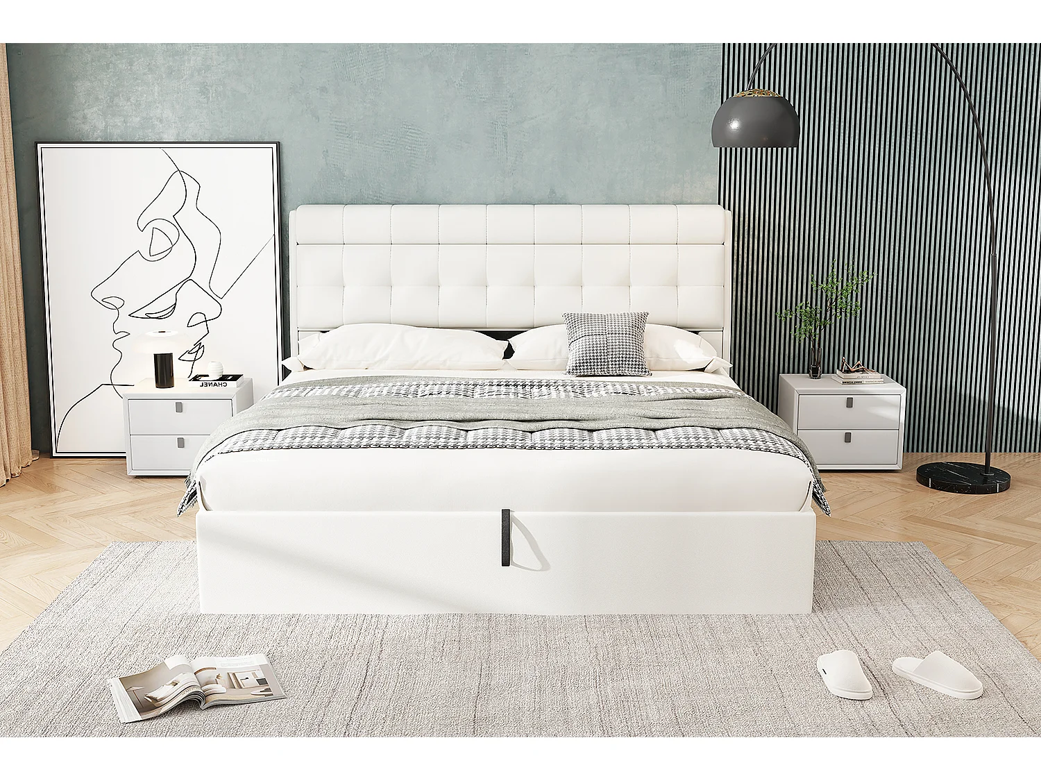 Lit coffre 180x200 cm avec sommier à lattes - tête de lit avec rangement - similicuir - blanc (sans matelas)