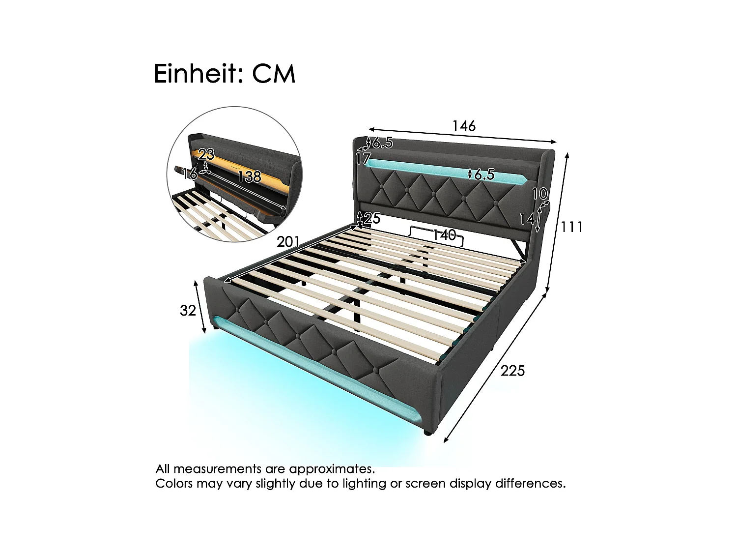 Lit adulte 140x200cm avec sommier - tête de lit rangement avec USB et LED - lin gris (sans matelas)
