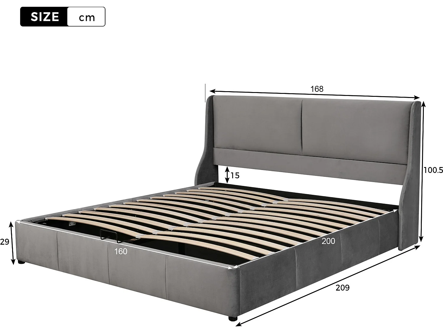 Lit coffre 160x200 cm avec sommier en bois - tête de lit capitonnée - velours - gris (sans matelas)