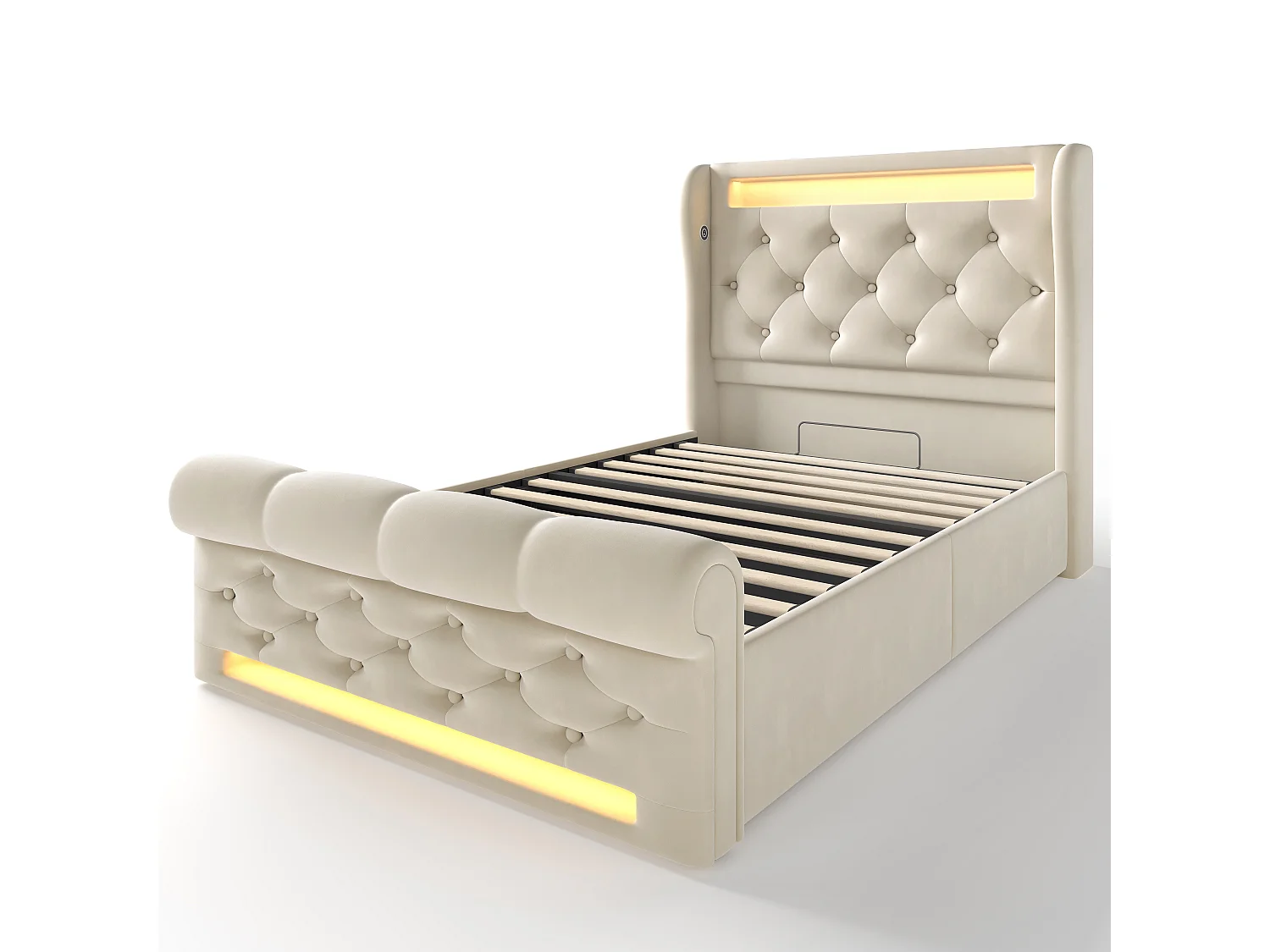 Lit enfant 90x200cm avec sommier - tête de lit capitonnée avec USB et type-c - velours beige (sans matelas)
