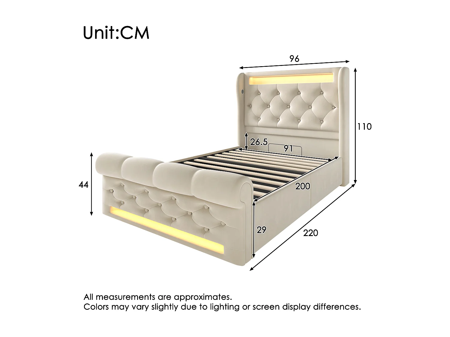 Lit coffre 90x200 cm avec LED, tête de lit USB et Type C, ouverture hydraulique, velours, beige (Sans matelas)