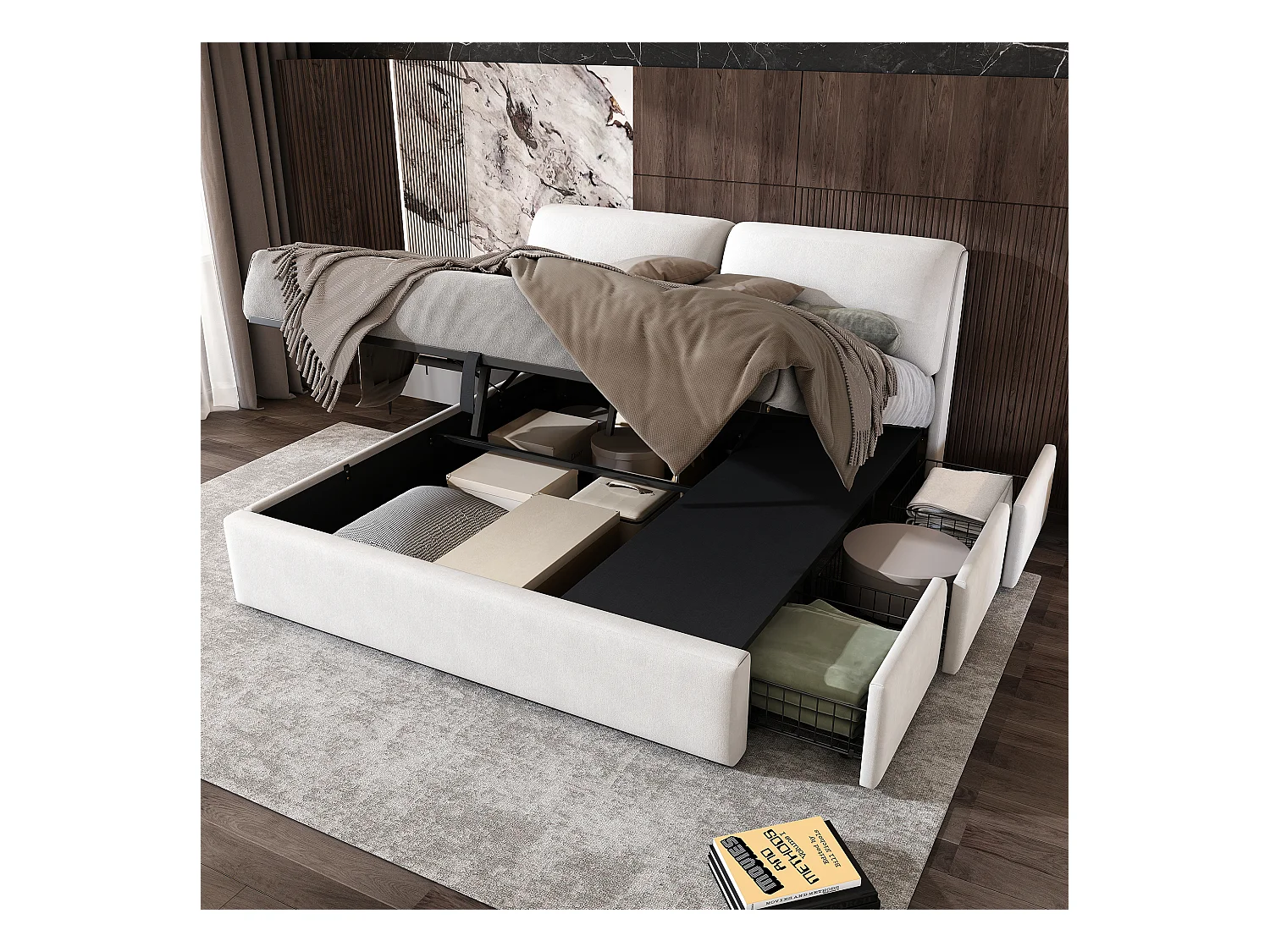 Lit coffre 180x200 cm avec sommier - tête de lit rembourré avec 3 tiroirs - velours - beige - blanc (sans matelas)