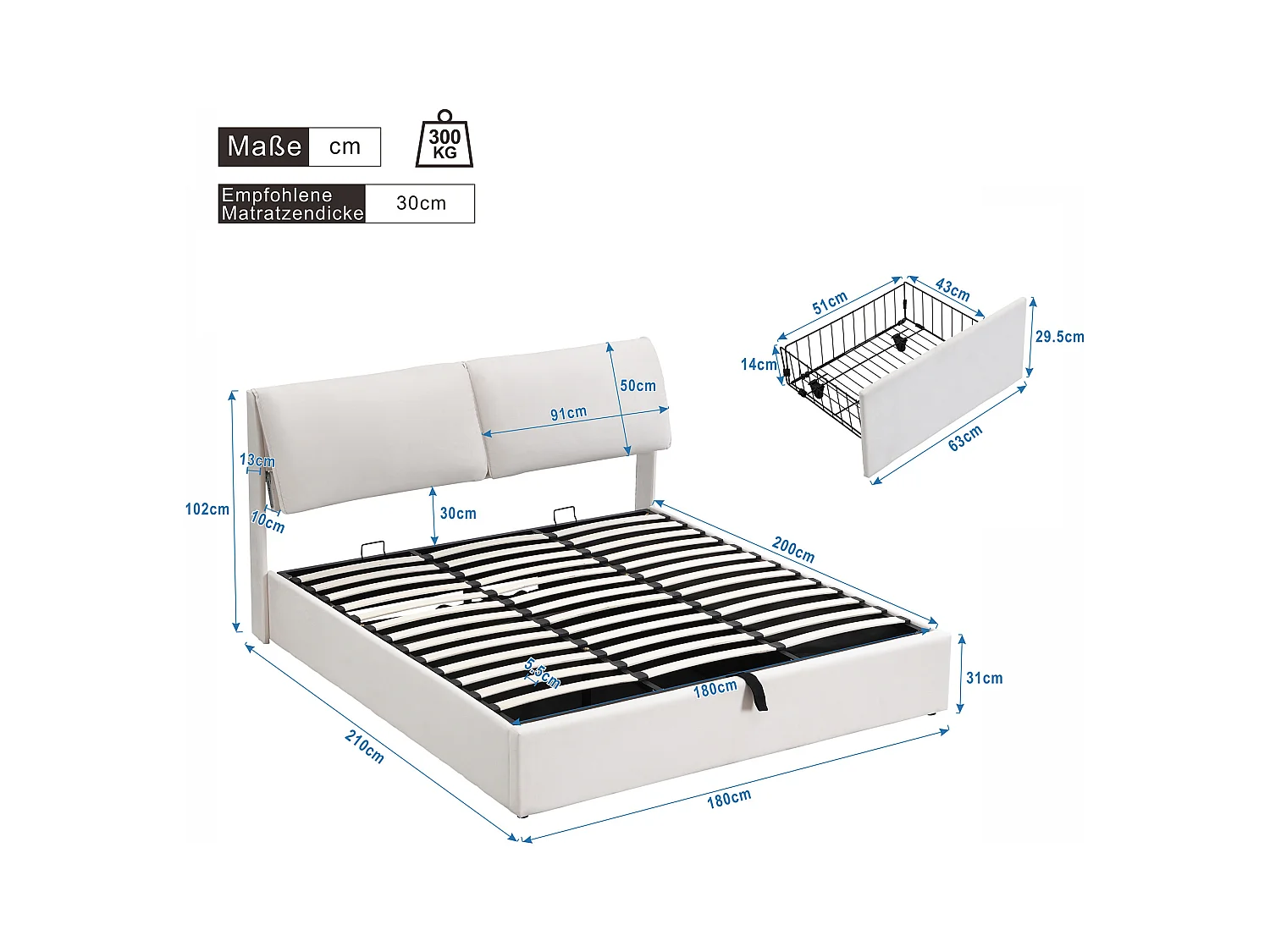Lit coffre 180x200 cm avec sommier - tête de lit rembourré avec 3 tiroirs - velours - beige - blanc (sans matelas)
