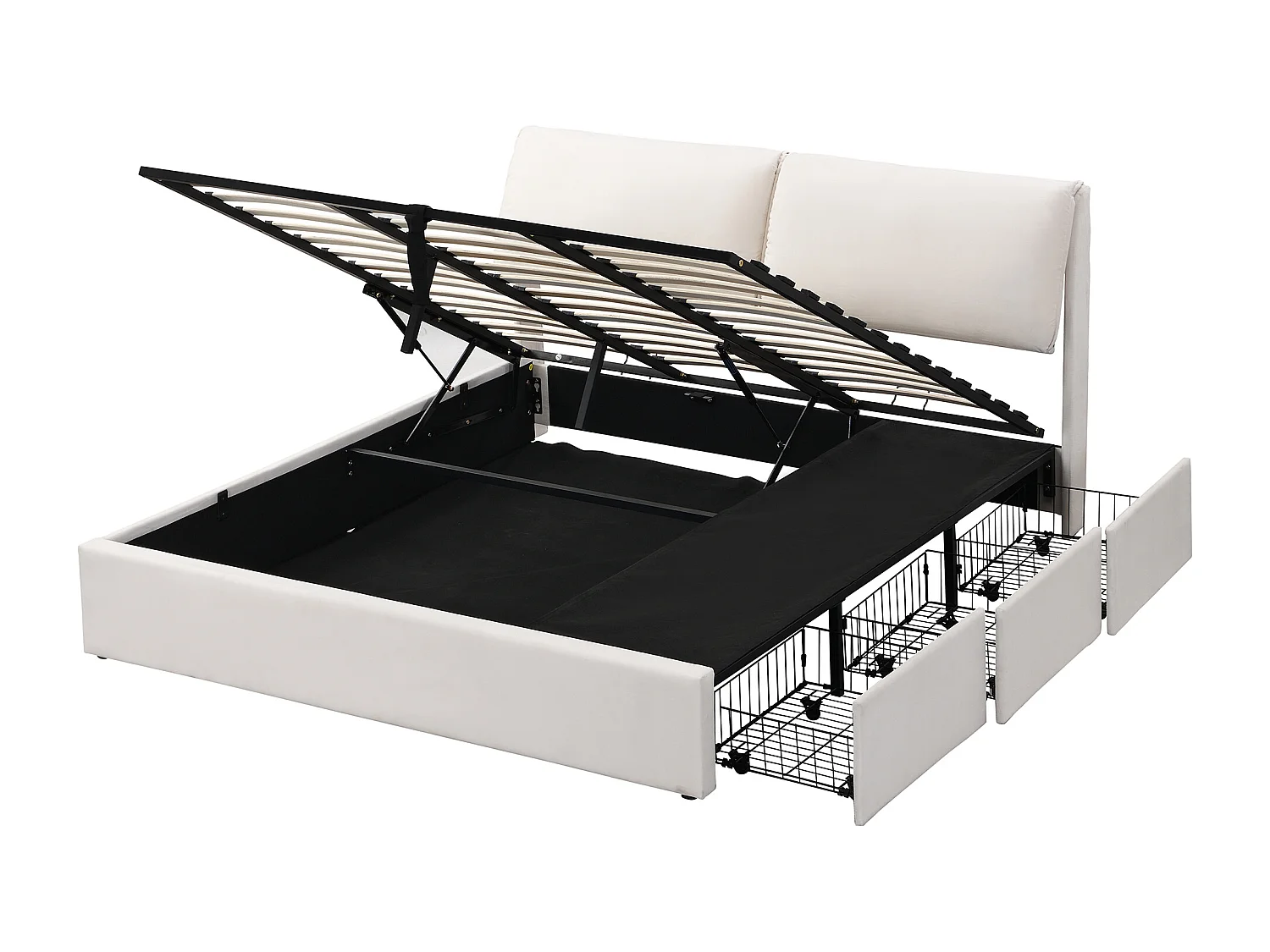 Volwassen opbergbed 180x200 cm met onderstel - gestoffeerd hoofdbord met 3 laden - fluweel - beige - wit (zonder matras)
