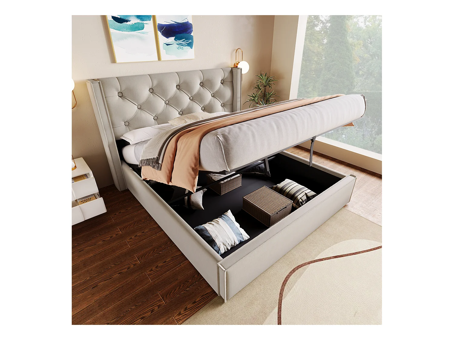 Lit coffre adulte 140x200cm avec sommier à lattes - cadre métalique et lattes en bois - coton - gris clair (sans matelas)