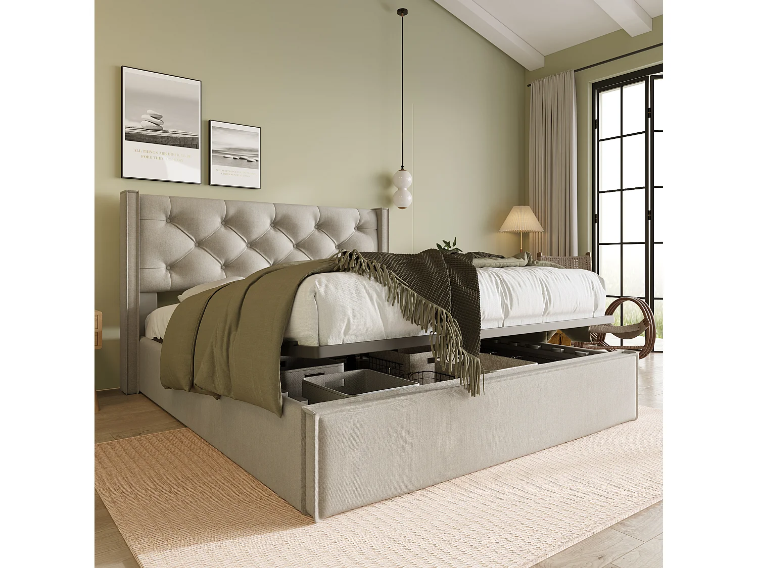 Lit coffre 140x200 cm avec sommier relevable et tête de lit capitonnée, coton, gris clair (Sans matelas)