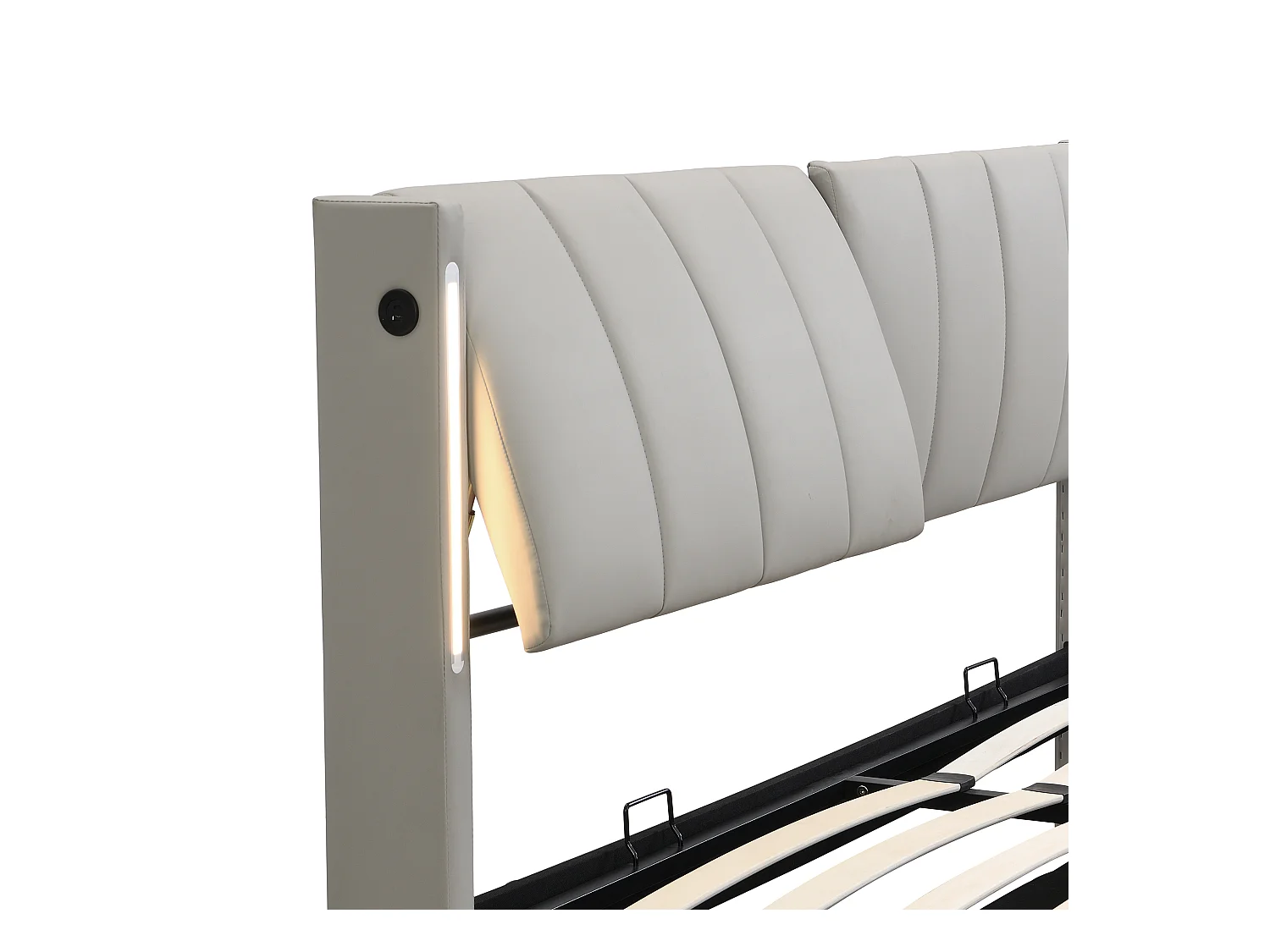 Lit coffre 180x200 cm avec sommier - tête de lit capitonnée avec LED et USB - similicuir - gris (sans matelas)